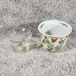 Porcelain Candle Holder Yellow Famille Rose Floral Butterfly with Glass